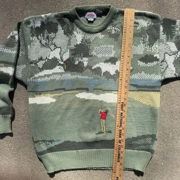 Vintage 80s Campus Green Golf Crewneck Sweater AOP Rare Acrylic Men's Size XL - Picture 8 of 9